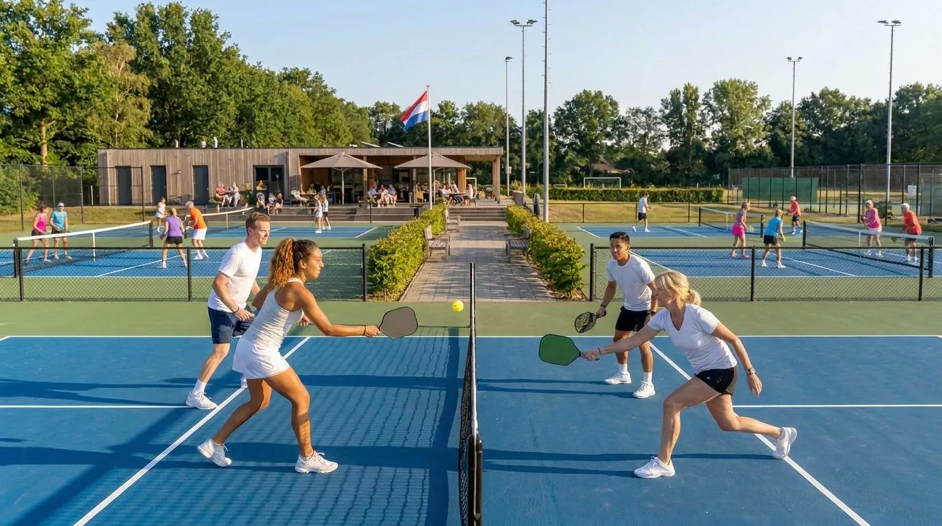 Vier spelers in een snelle rally aan het net op een zonnige pickleballbaan, de bal vlak boven het net