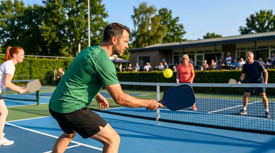 Een speler blokt een volley net achter de keukenlijn, de bal komt aan van de overkant