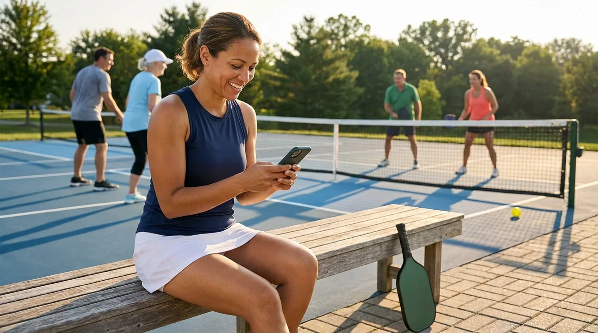 Een speelster zit op een bank naast de pickleballbaan met haar telefoon, de paddle naast zich